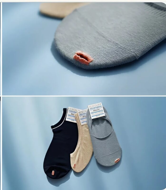 Der Designer präsentierte ein Modell von Socken mit einem Loch am Zeh.