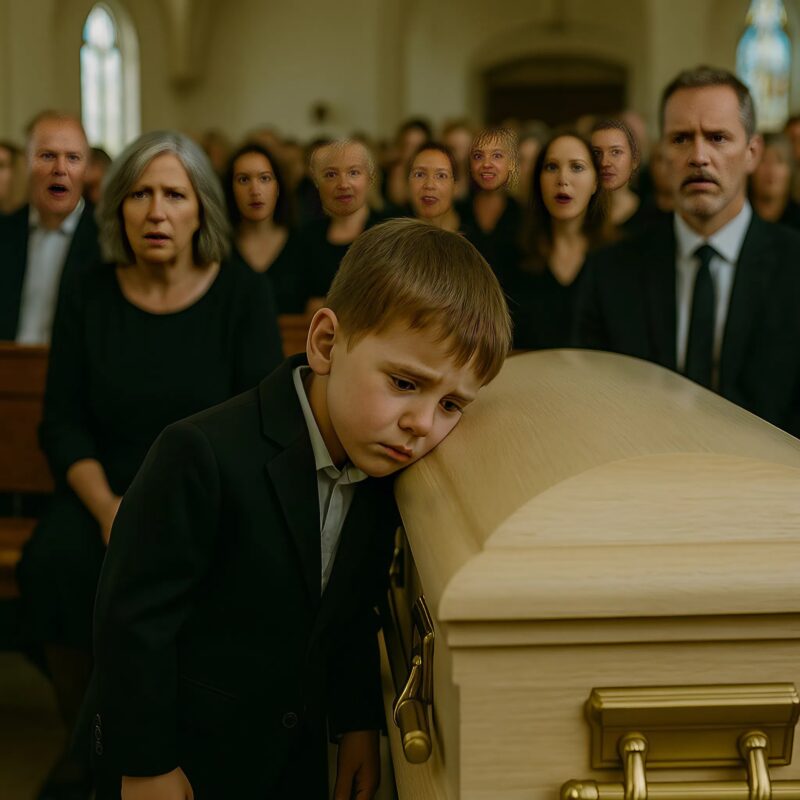 Der kleine Junge legt sein Ohr auf den Sarg seiner Mutter und sagt etwas, das alle in der Kirche erstarren lässt