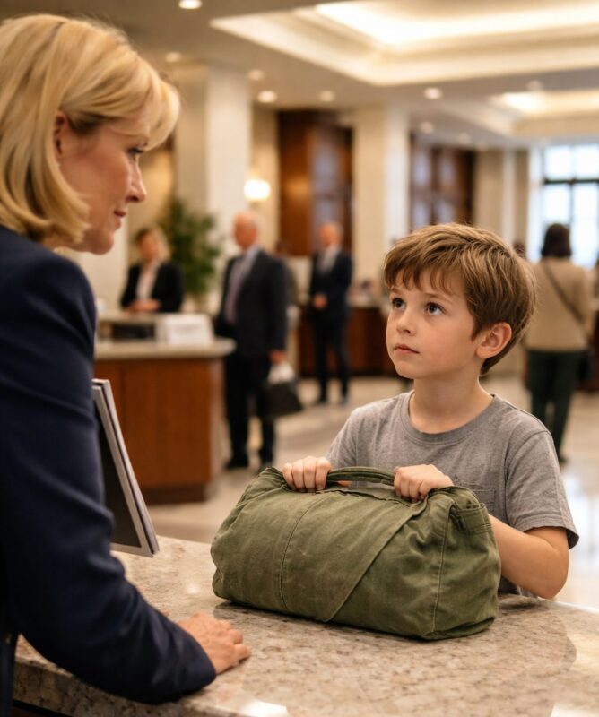 Als dieser kleine Junge die Türen der Bank mit seinem abgenutzten Rucksack durchschritt, tauchten sofort einige spöttische Lächeln auf… aber sobald er ihn öffnete, war kein Laut mehr zu hören