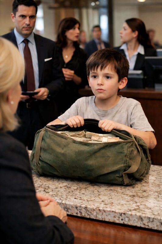 Als dieser kleine Junge die Türen der Bank mit seinem abgenutzten Rucksack durchschritt, tauchten sofort einige spöttische Lächeln auf… aber sobald er ihn öffnete, war kein Laut mehr zu hören