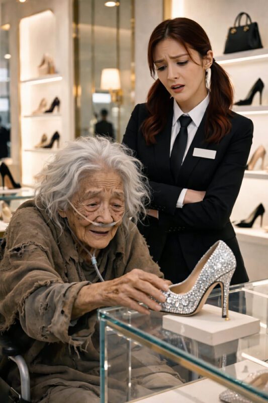 —Sie sind wunderschön! sagte die kranke alte Frau, während sie die Schuhe im Luxushandel berührte, doch die Verkäuferin griff nach ihrem Rollstuhl und schob die Frau abrupt zur Tür hinaus