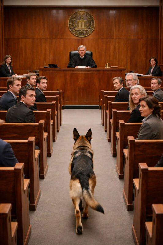 Die schweren Türen des Gerichtssaals öffneten sich mit einem dumpfen Knarren, und ein Deutscher Schäferhund trat langsam ein und ging direkt auf den Richterstuhl zu