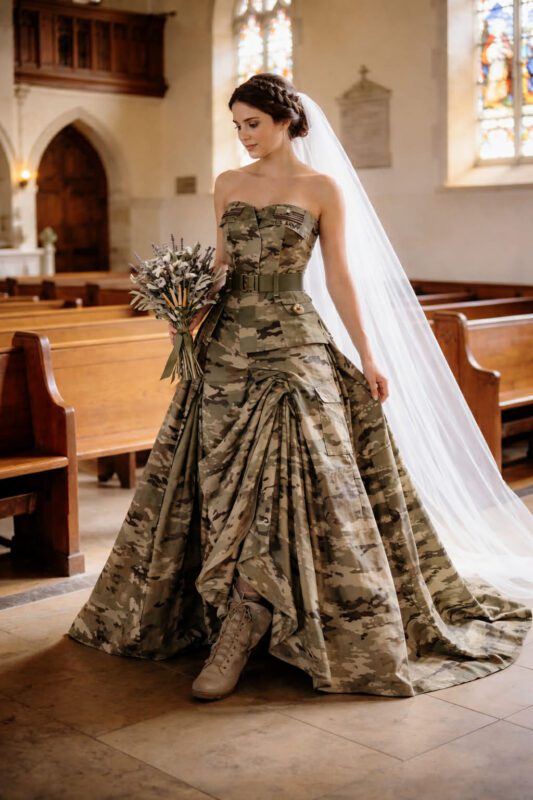 Meine Verlobte trat zum Altar in einem Hochzeitskleid, das vollständig aus Militärhemden gefertigt war