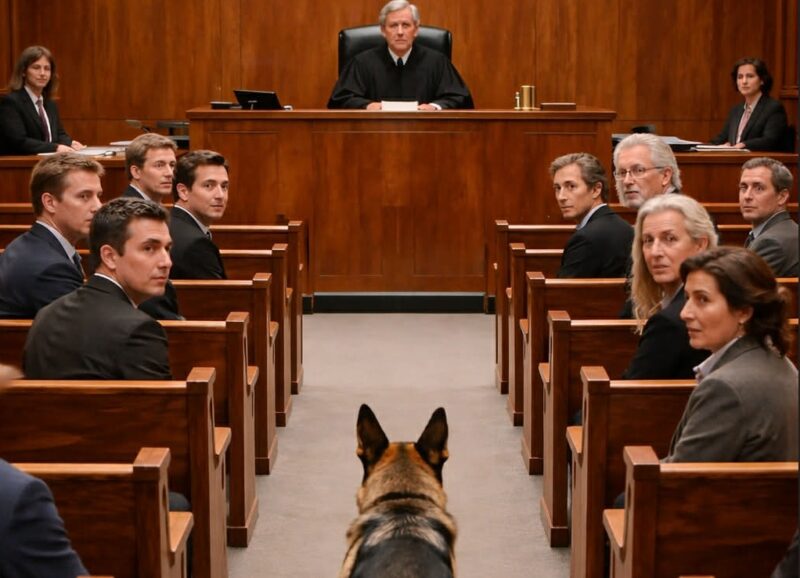 Die schweren Türen des Gerichtssaals öffneten sich mit einem dumpfen Knarren, und ein Deutscher Schäferhund trat langsam ein und ging direkt auf den Richterstuhl zu