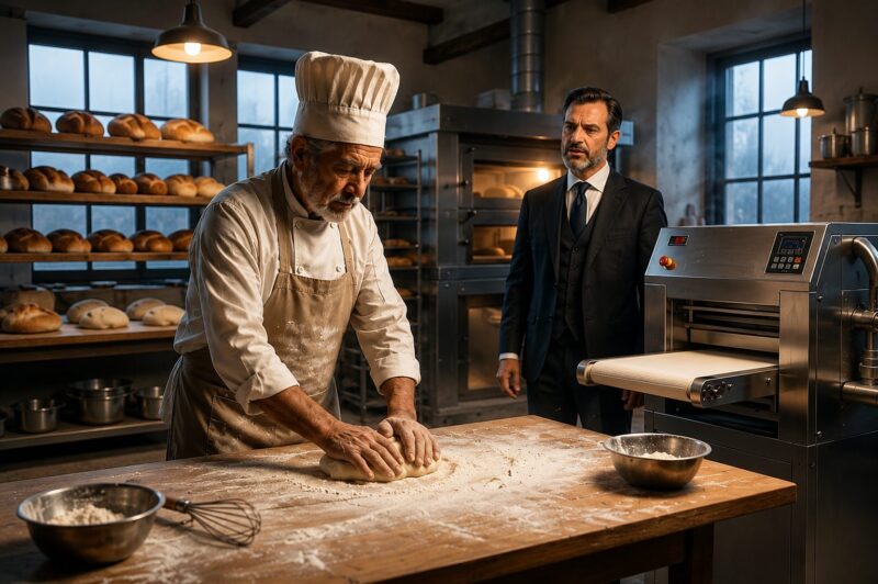 Er hatte viele Jahre in einer Bäckerei gearbeitet, bis sein Chef eine Maschine kaufte und ihn durch dieses Gerät ersetzte