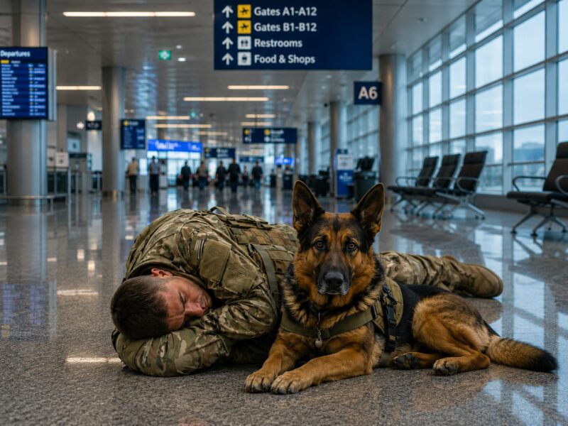 Die anwesenden Passagiere am Flughafen haben einen Mann in Uniform gesehen, der auf dem Boden lag, während ein Deutscher Schäferhund direkt neben ihm saß. Alle waren tief erschüttert, als sie verstanden, warum der Hund jede Person anbellte und anknurrte, die versuchte, sich zu nähern