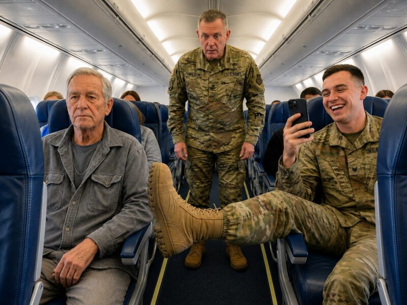 Ein arroganter junger Soldat drückte einen schweigsamen alten Mann mit seinem schweren Militärstiefel gegen seinen Flugzeugsitz. Niemand hätte sich vorstellen können, dass ein einfaches Detail schon bald die Stimmung in der gesamten Kabine verändern würde.